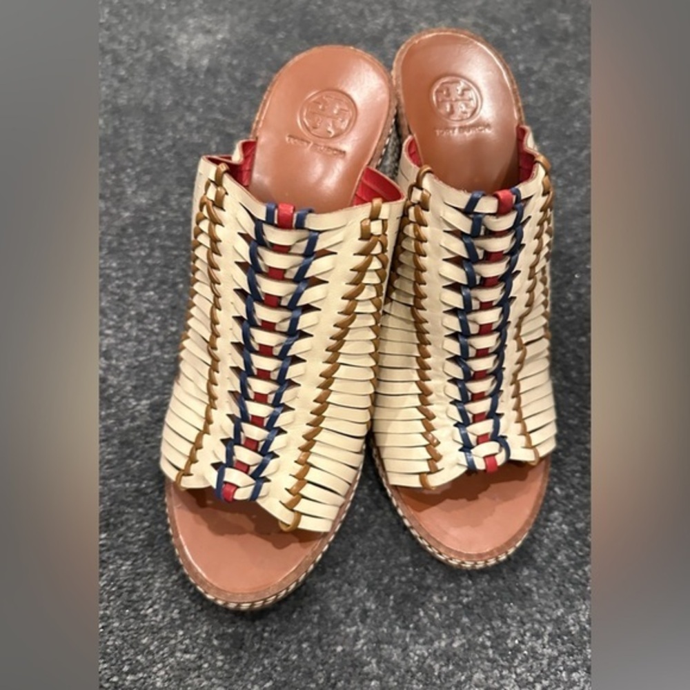Tory Burch Cream Braided Slide Mules with Red & Navy Accents